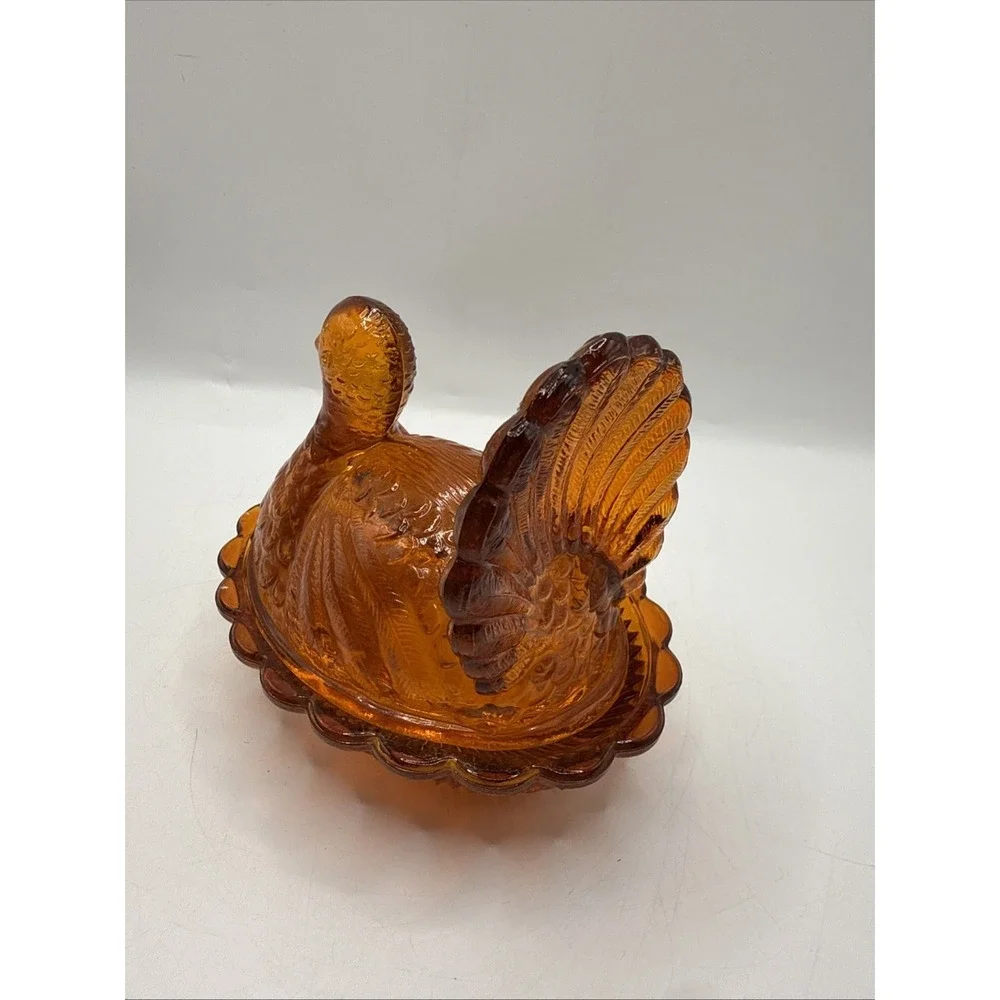 Vtg Indiana ND Amber Orange  Glass Small Turkey On A Nest Candy Dish 4.5